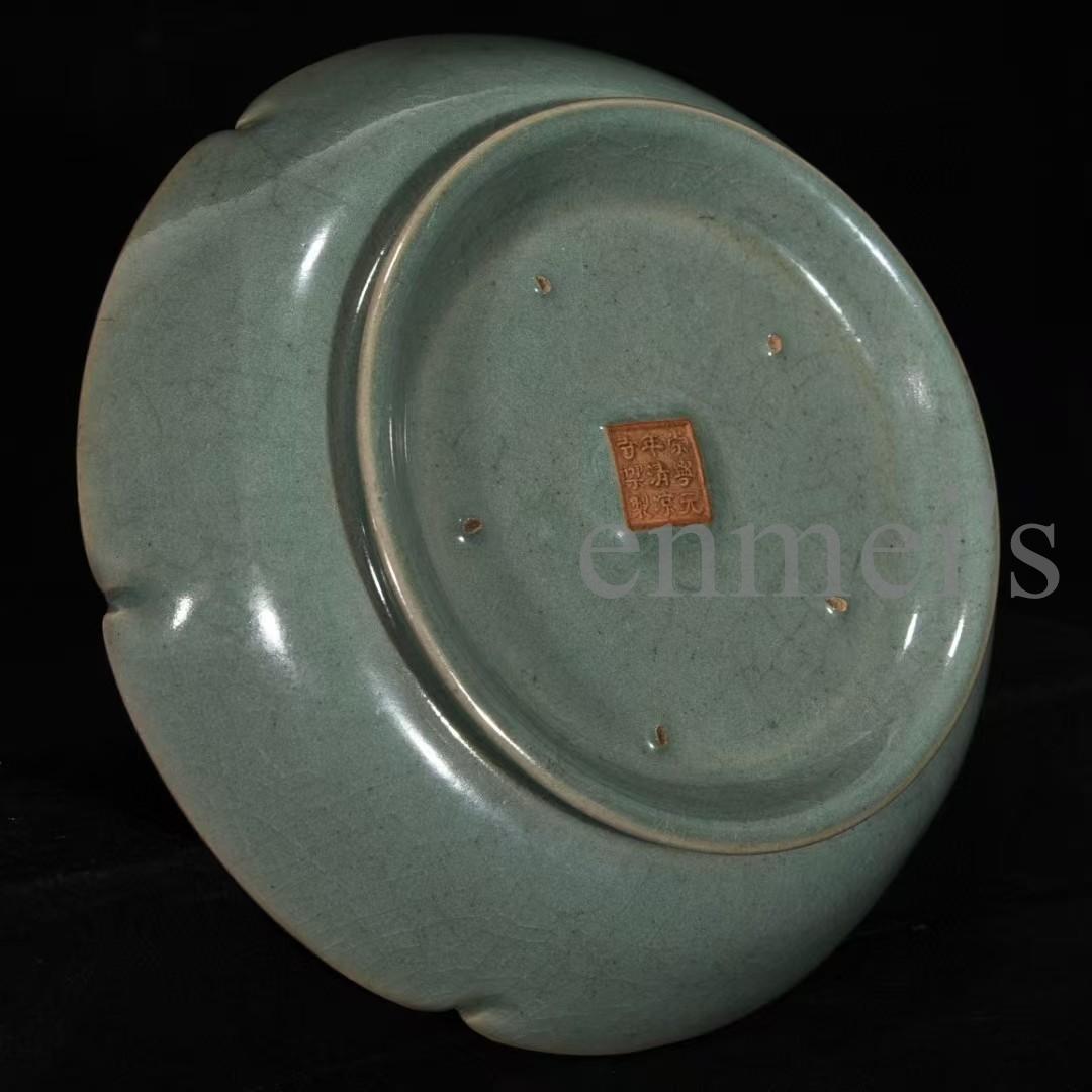 中国古美術・宋汝窯風・鎏金龍文葵口皿・中皿・純手描き・置物・陶器・茶道具・文房具