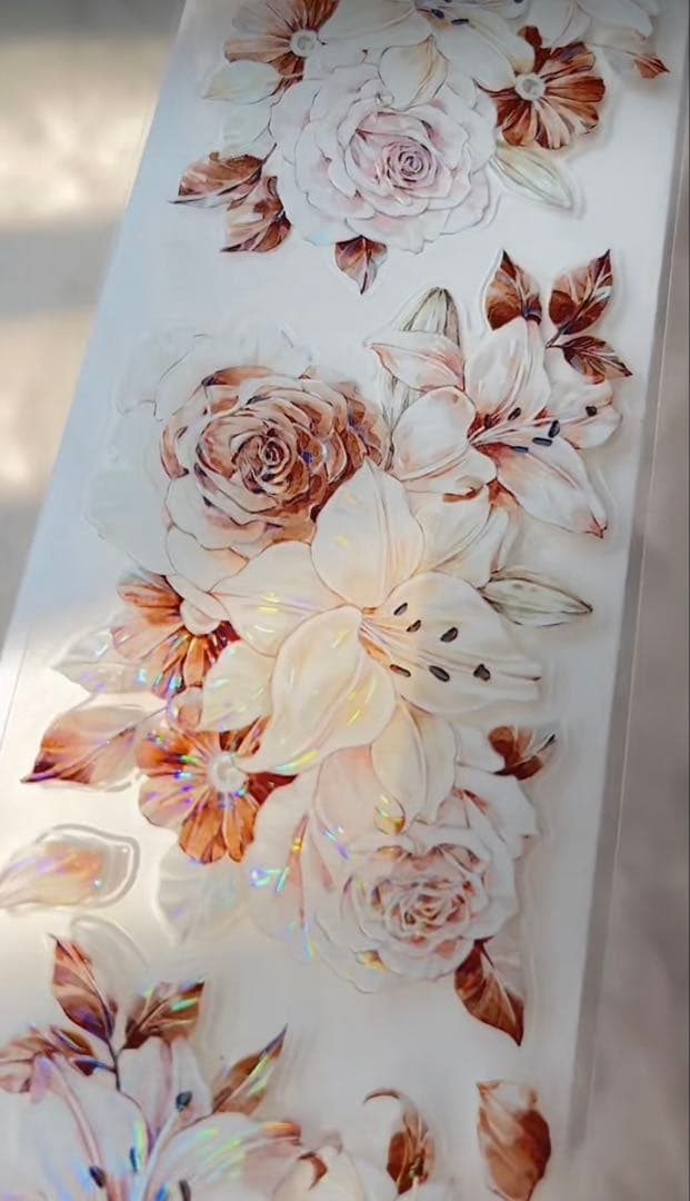 8787】海外 マステ 5m巻売り 貝殻光カッティング お花系 ユリ バラ