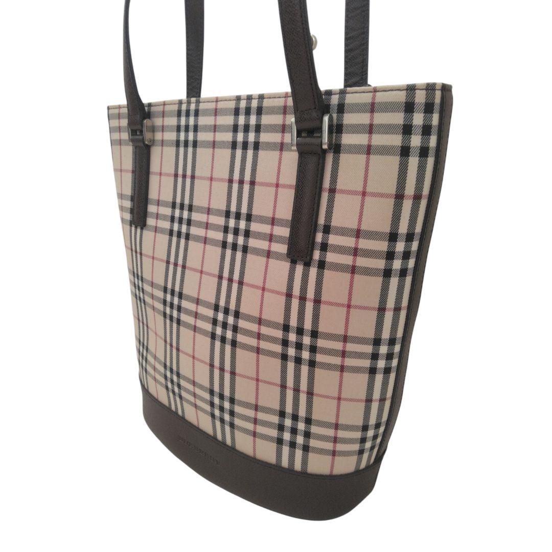 未使用品級 バーバリー ノバチェック トートバッグ レザー バケツ型 茶