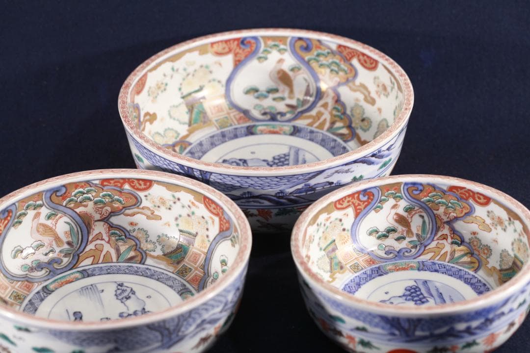 アンティーク・天保10年】 古伊万里 染付 藍染 三ツ丼 木箱付き