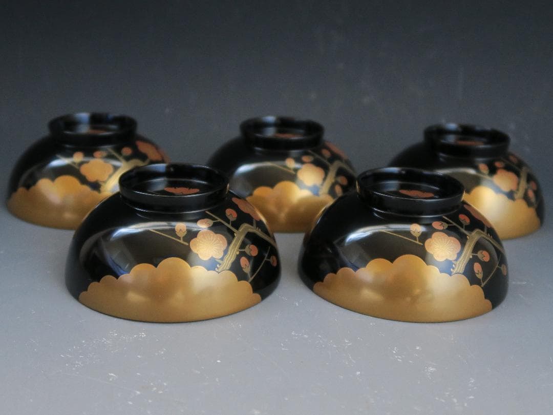 【輪島塗】雲松竹梅蒔絵 吸物椀 黒塗 五客揃 布着請負 天然木 共箱 美術漆器