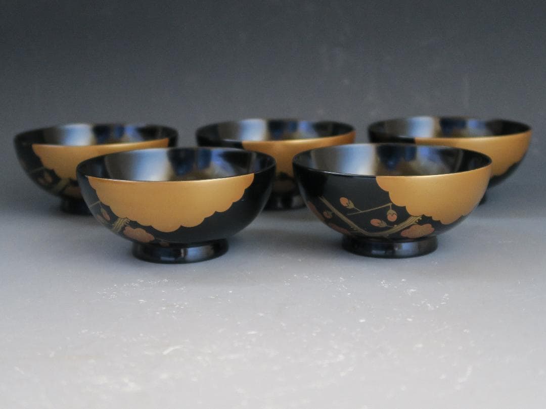 輪島塗】雲松竹梅蒔絵 吸物椀 黒塗 五客揃 布着請負 天然木 共箱 美術