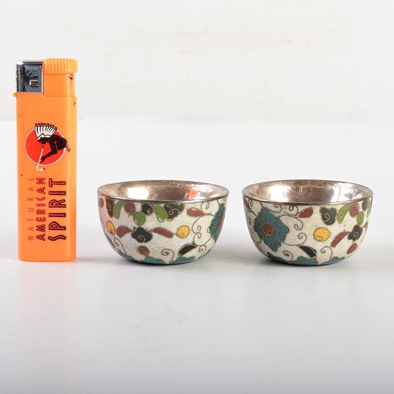 中国　唐物　古七宝内銀張　花草文　盃　一對　時代箱　M　6643