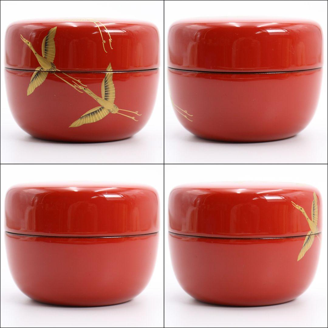 佐藤松斎作 朱塗 鶴蒔絵 平棗 茶道具 共箱 V778 N4