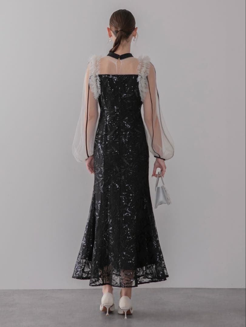 フラワースパンコールチュールフリルロングスリーブマーメイドワンピースドレス結婚式