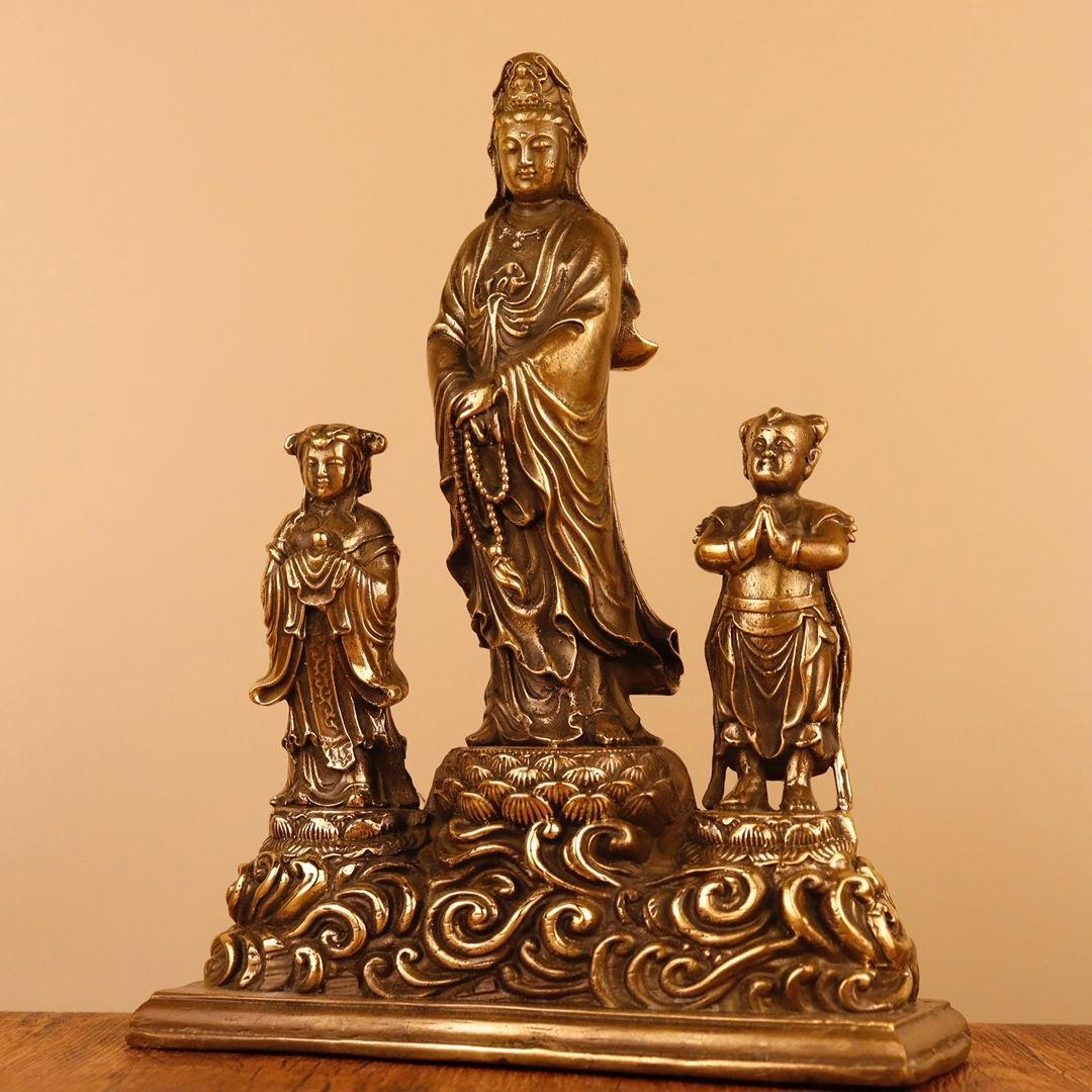 仏教美術 仏像 金童玉女観世音菩薩仏像 小仏像 銅製 銅器