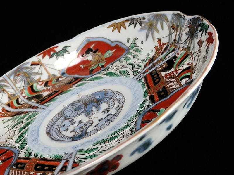 古伊万里　金襴手　五艘船に南蛮人の図　６寸皿　A527AS-BQl