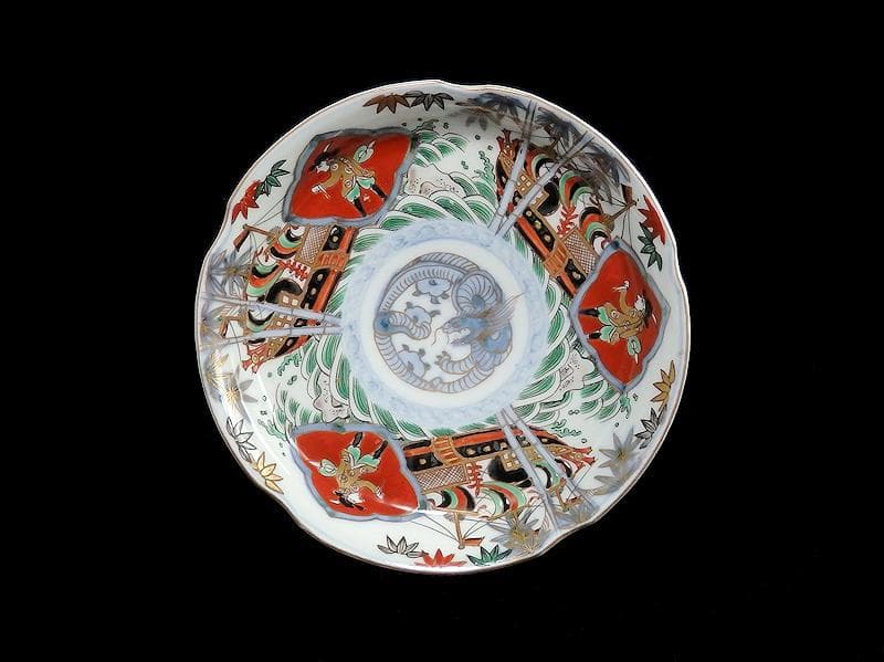 古伊万里　金襴手　五艘船に南蛮人の図　６寸皿　A527AS-BQl