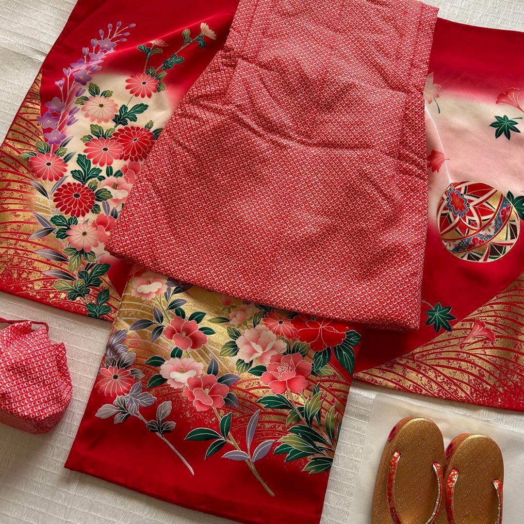 七五三 3歳 着物 絹 被布 絞り柄 三歳 赤 草履 753 巾着