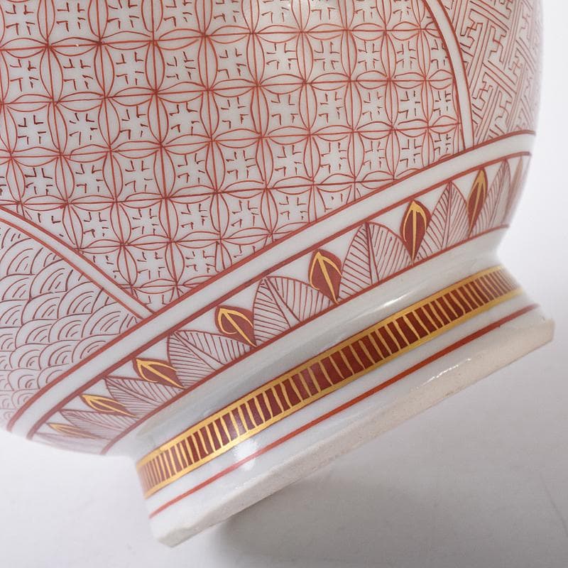 九谷焼　西野昭弘作　昭月造　本金赤細書小紋　鶴首花瓶　共箱　V　R8332B