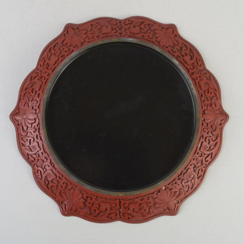 中国 剔紅 堆朱 雲龍文盤 輪花皿 飾皿 皿立付 M
