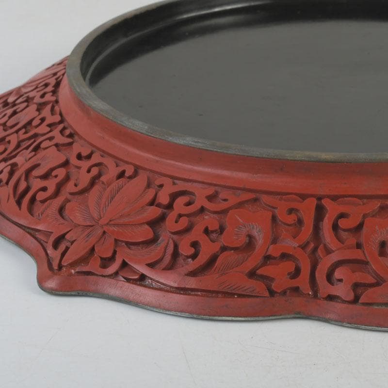 中国 剔紅 堆朱 雲龍文盤 輪花皿 飾皿 皿立付 M