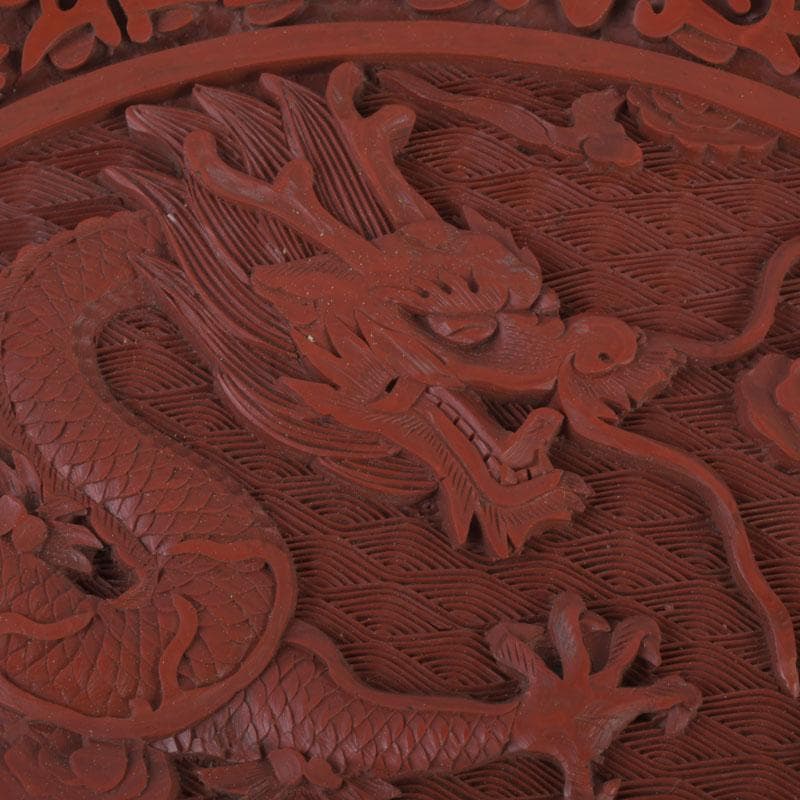 中国 剔紅 堆朱 雲龍文盤 輪花皿 飾皿 皿立付 M