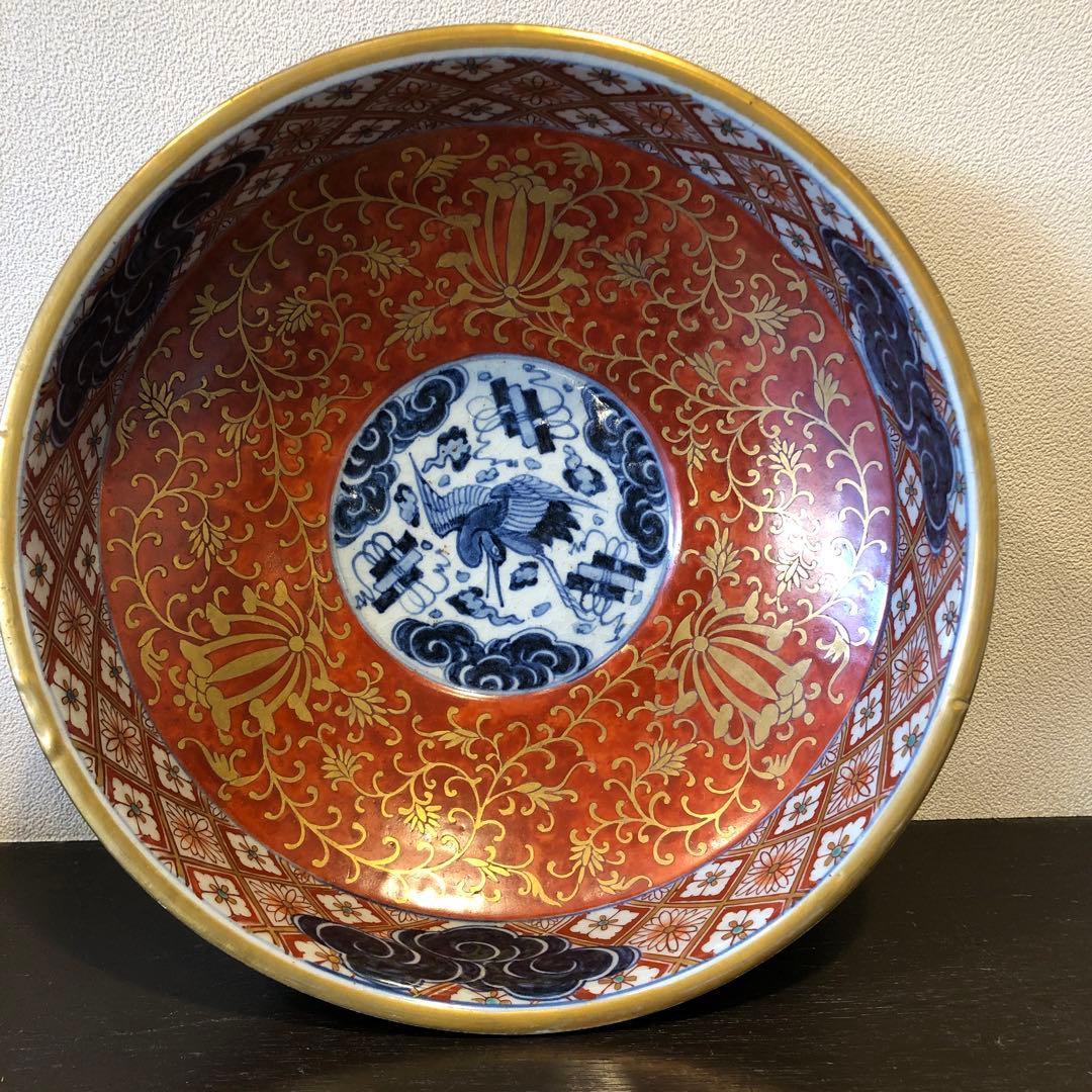 伊万里焼赤絵雲鶴文大鉢金蘭手飾り鉢煮物鉢明治時代木箱入