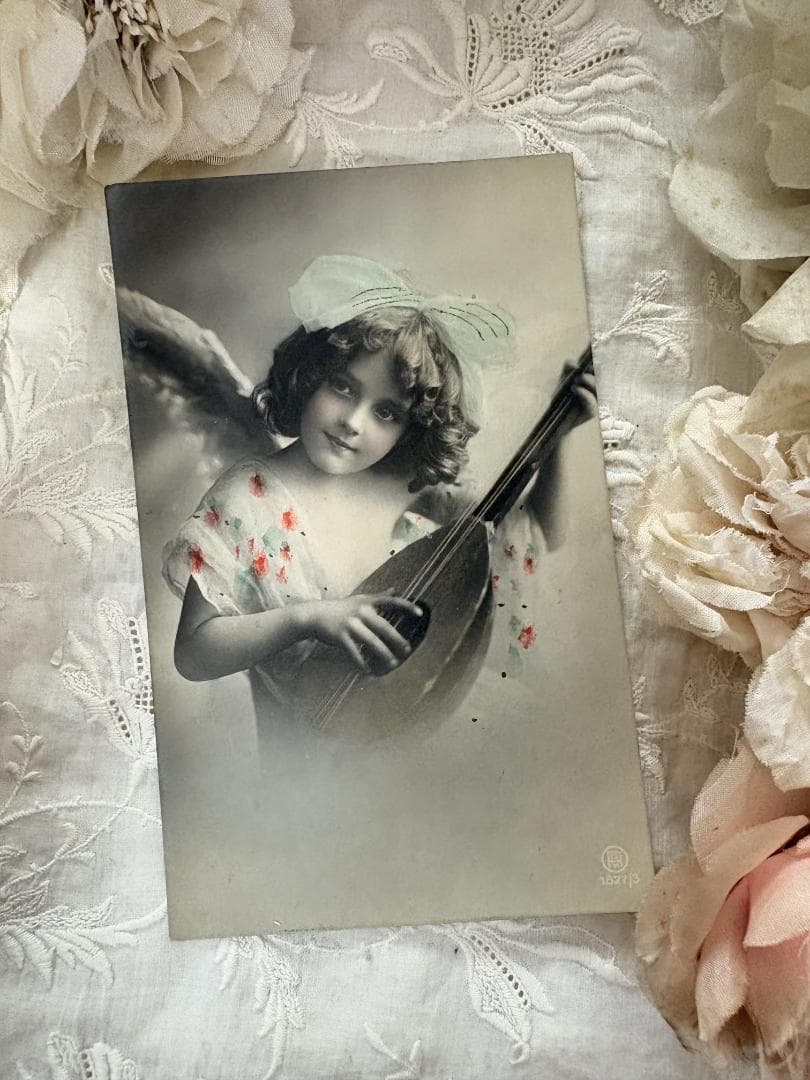 アンティーク ポストカード マンドリンと美しい少女 アンティーク ポストカード マンドリンと美しい少女 美術品