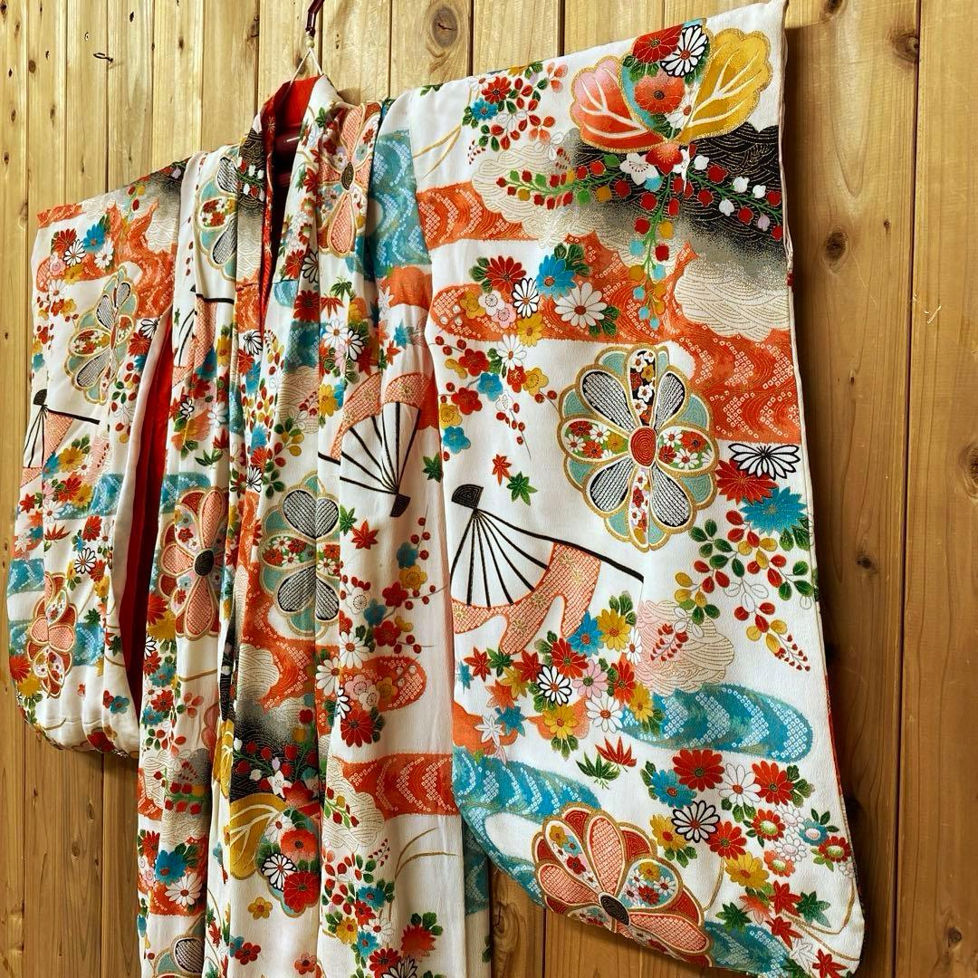 女の子 正絹 着物 七五三 七草 晴れ着 総柄 和柄 レトロ