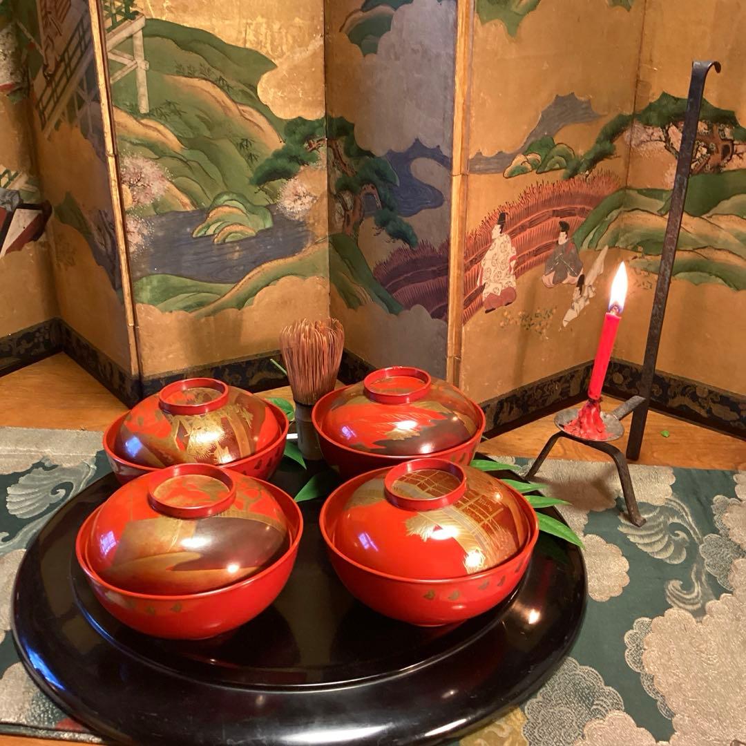 A903木製輪島塗 懐石道具 赤 古典風景蒔絵 塗師銘仁左衛門 4客 極上