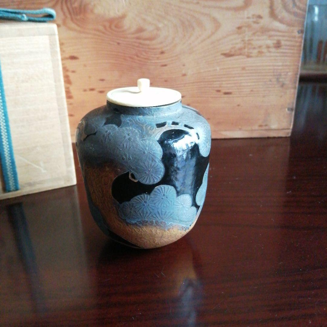 京焼　八世乾山　山本如仙　金彩色絵松木茶入　8.5cm