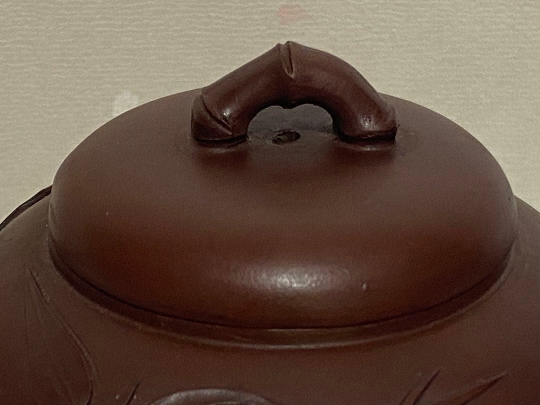 ♢中国？紫泥 梨地 紫砂 竹節 浮き彫り文様 茶壺？宜興窯 煎茶 茶道具