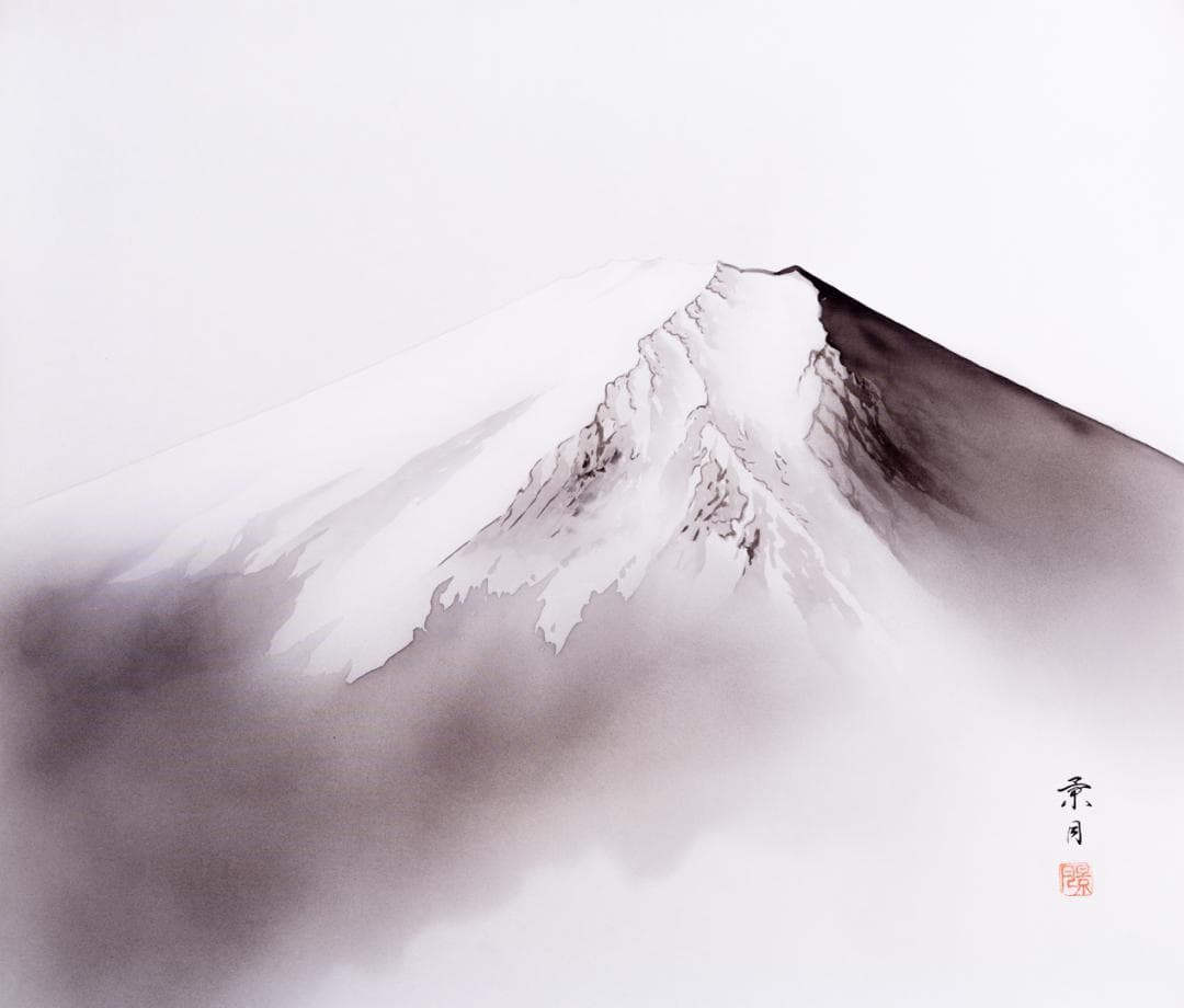 ☆肉筆落款入り☆日本画『白富士』10号サイズ 外寸:約660×580mm