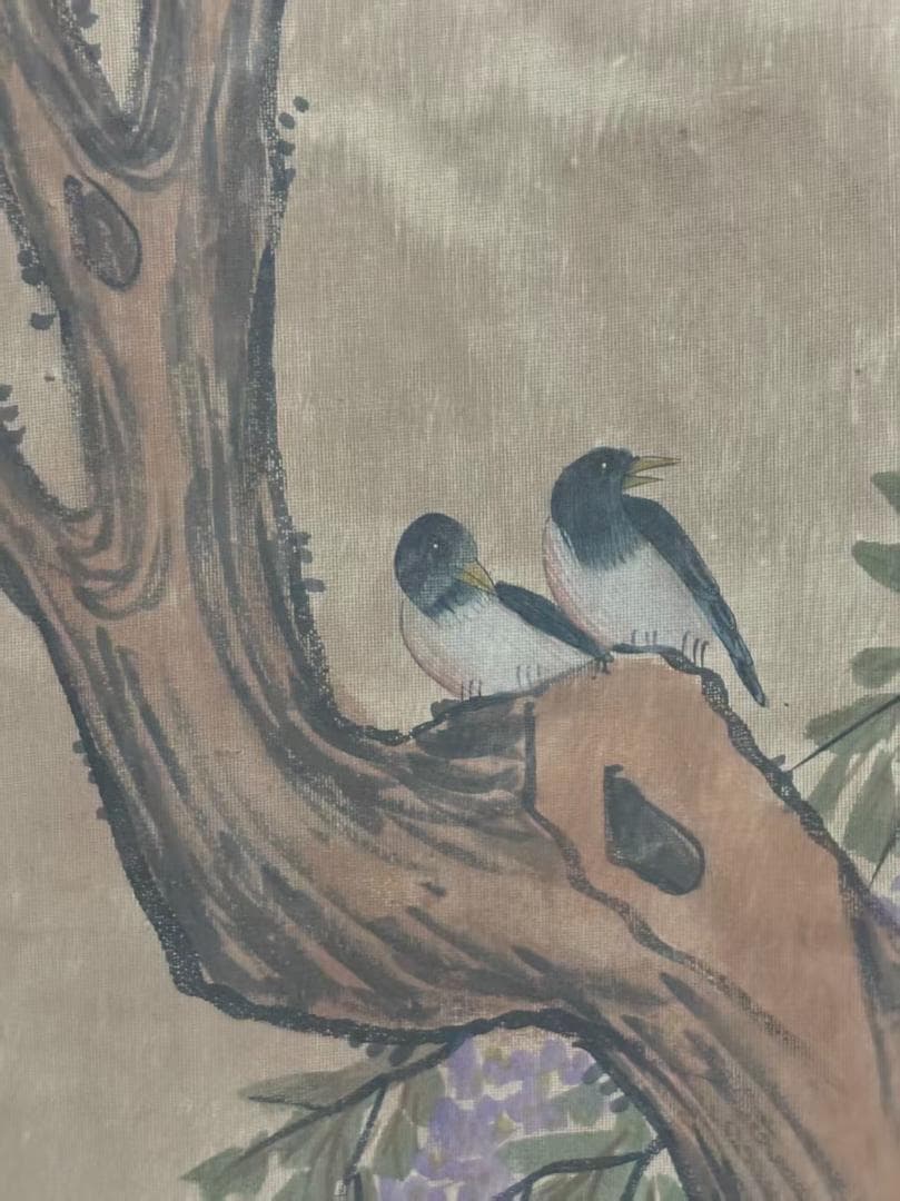 中国古美術 明代 呂紀 手描き掛軸 鳥と木の絵画 絹本 三尺