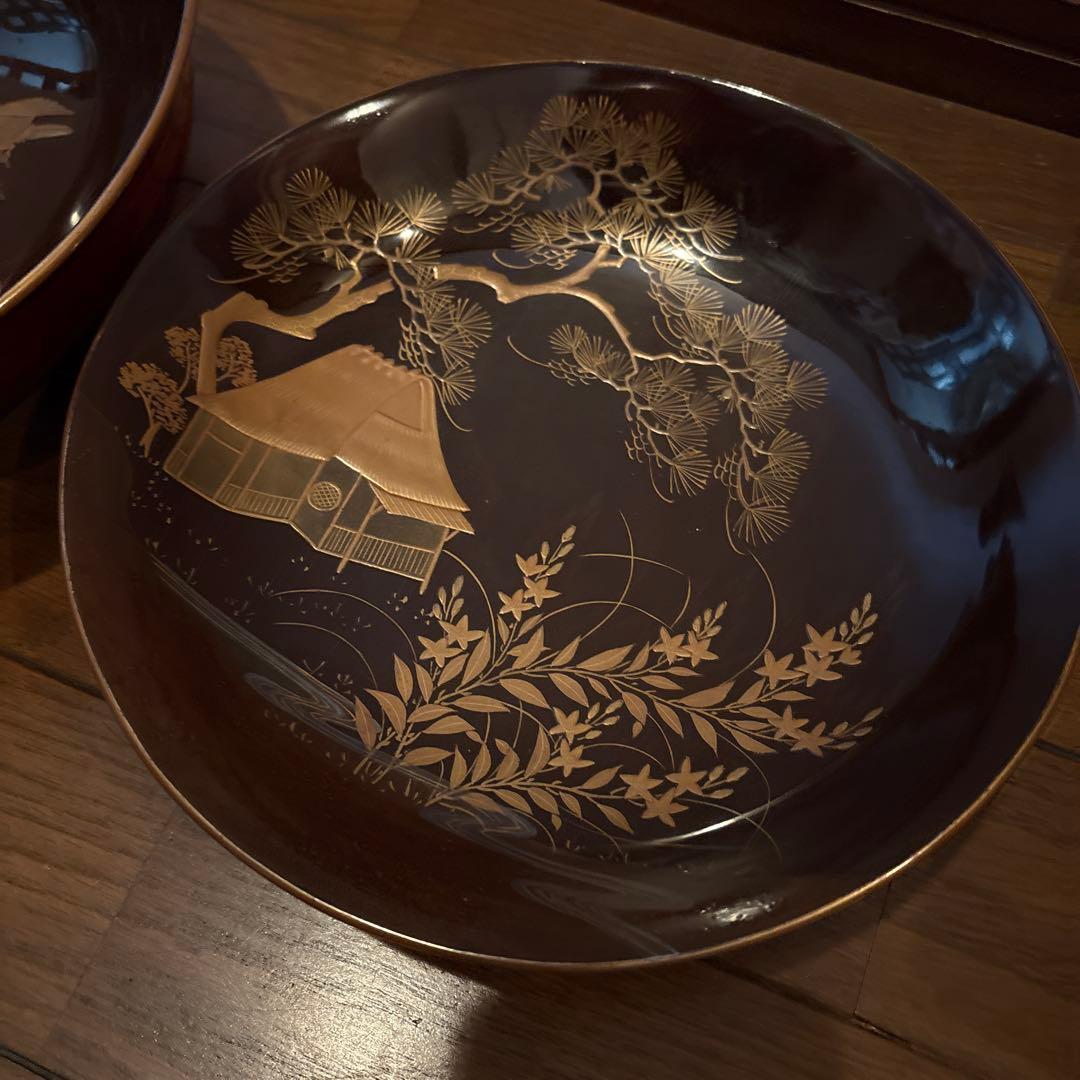 黒塗蒔絵菓子鉢アンティーク大平木箱付き漆器蓋付き金蒔絵風流な絵付けわびさび茶道具