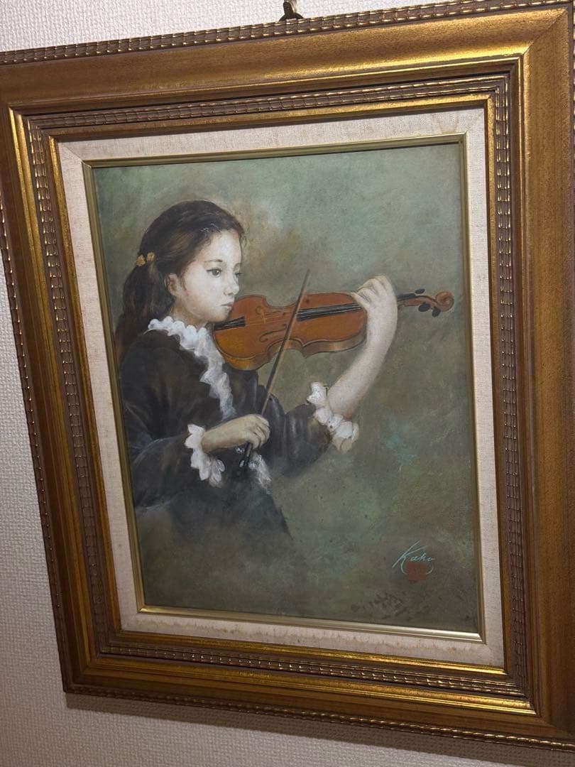リアリズム　【ヴァイオリンを奏でる少女】肉筆画　直筆サインあり作者不詳