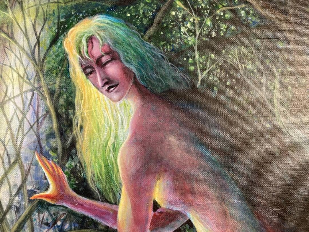 不思議の国 神話的な生物の油彩画 神話的な生物と人間が描かれた多彩な油彩画。