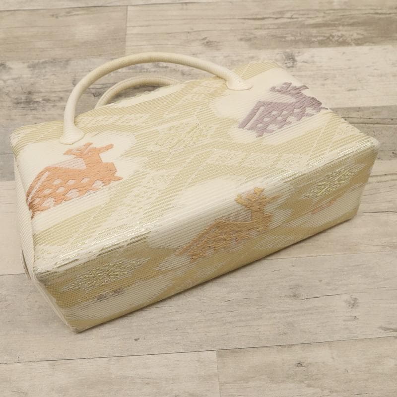 《和装バッグ◆利休バッグ■ベージュ系■有栖川と鹿刺繍＊着物♪和装Z7-20》