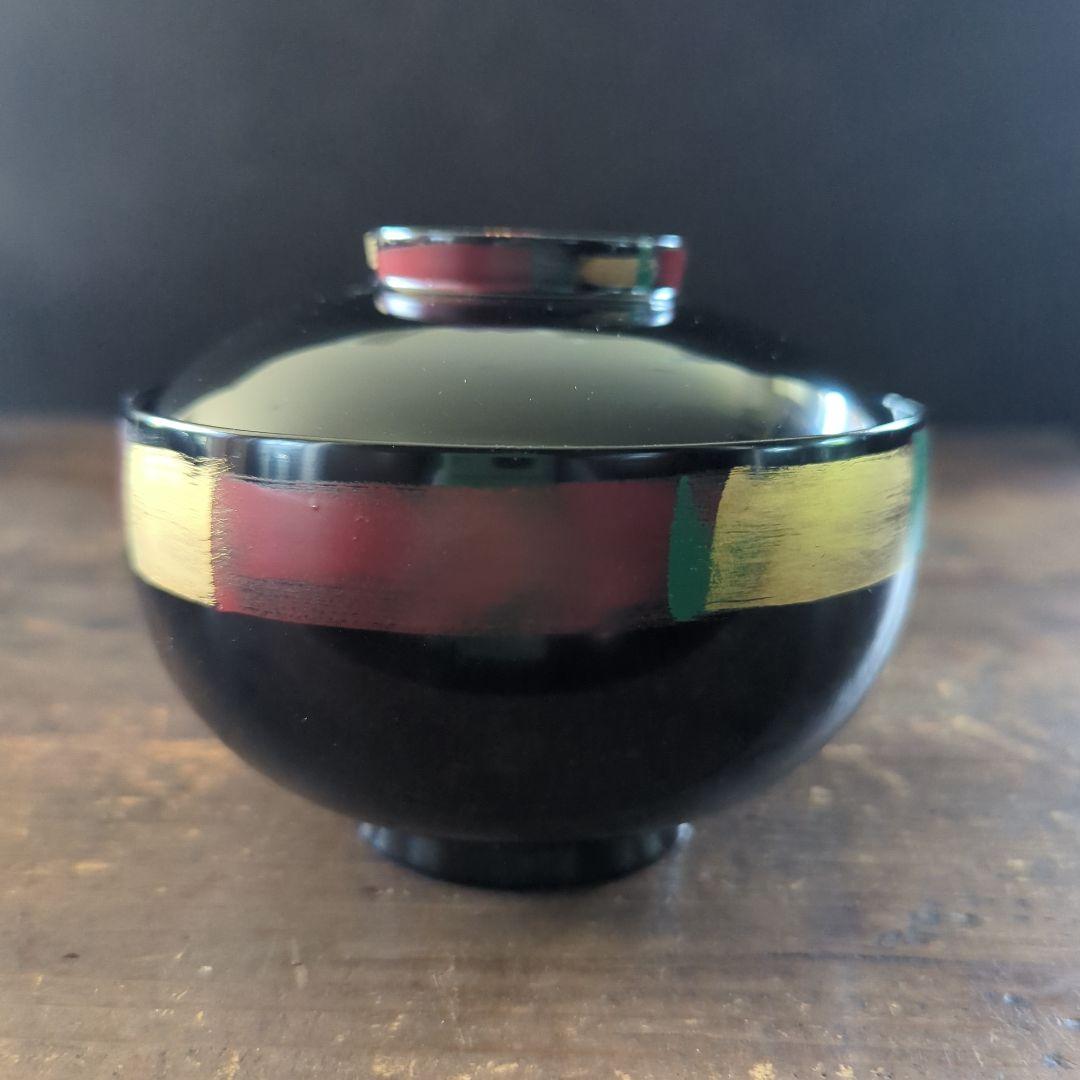 京都美術　漆芸作家　作家もの　山中漆器　草花絵変わり　雑煮椀　吸物椀　黒　5客揃