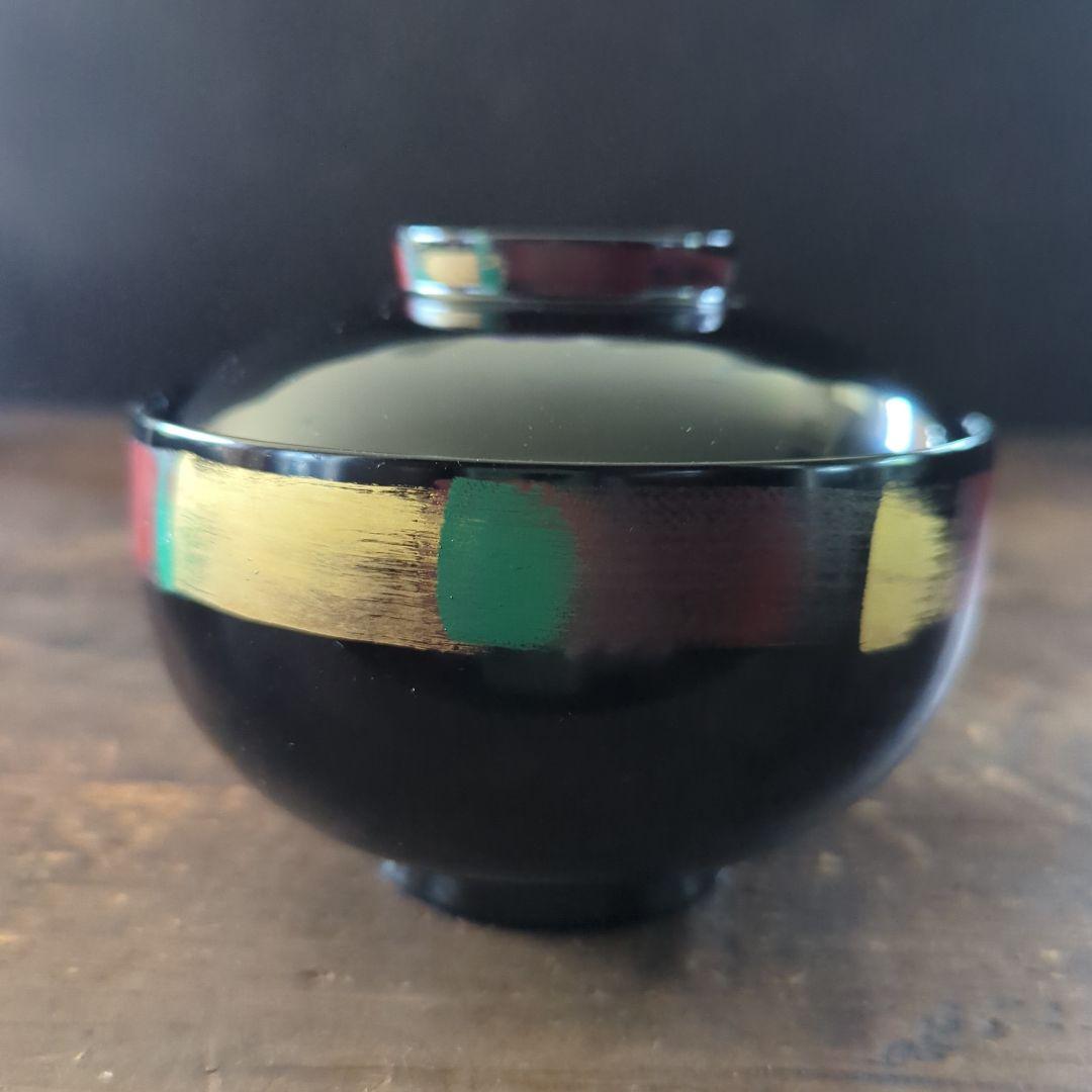 京都美術　漆芸作家　作家もの　山中漆器　草花絵変わり　雑煮椀　吸物椀　黒　5客揃