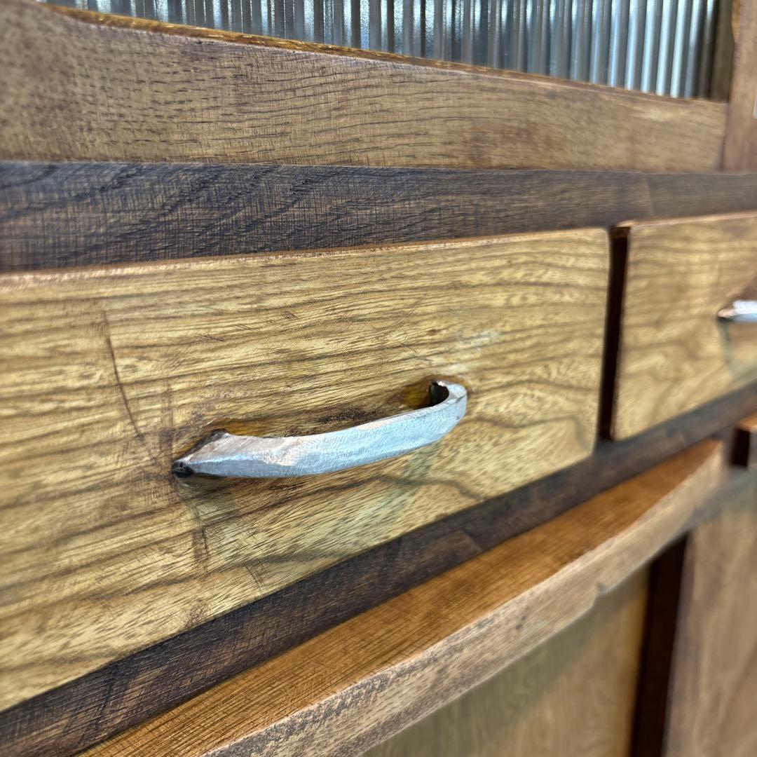 木製食器棚 アンティーク家具 波ガラス レトロ ラック