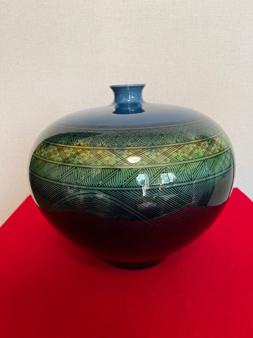 【大型】人間国宝 三代 徳田八十吉（正彦銘）碧明釉 小紋壺 管理T291