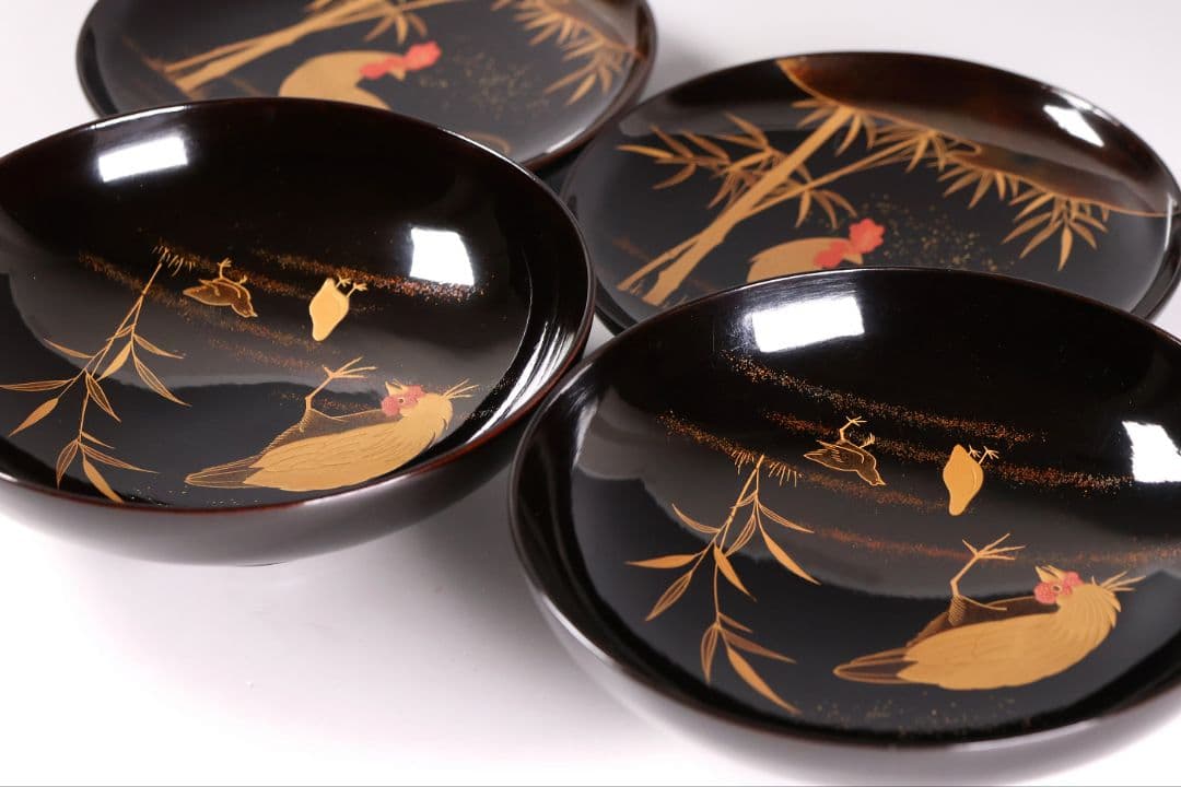 【CM352】時代蒔絵椀 竹に鶏金蒔絵 平椀二客 木製 /(検) 輪島塗加賀能登