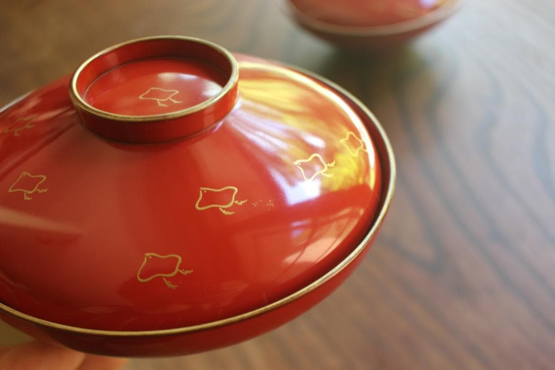 デッドストック！極上金縁朱漆に優美な波千鳥蒔絵のお椀2点（検輪島塗蒔絵椀雑煮椀