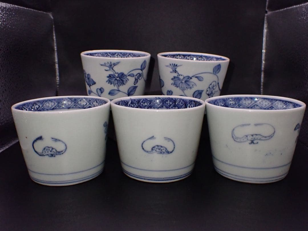 (青6)古伊万里 蕎麦猪口 そば猪口 草花の図 5ヶセット 幕末