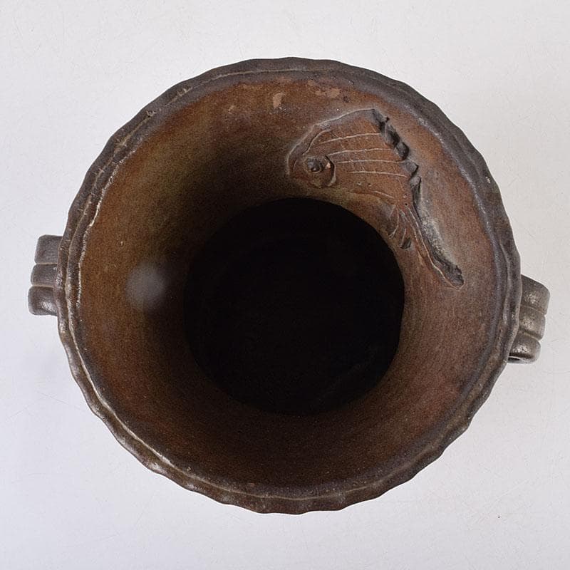 壺屋焼　爍山銘　内魚刻　双耳壷　花瓶　時代箱　M　R9056H