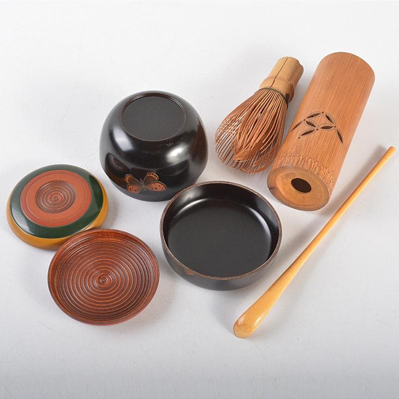 クローバー　利休茶箱赤絵竹花文茶碗棗など八点　一式　仕覆付　M　R7184