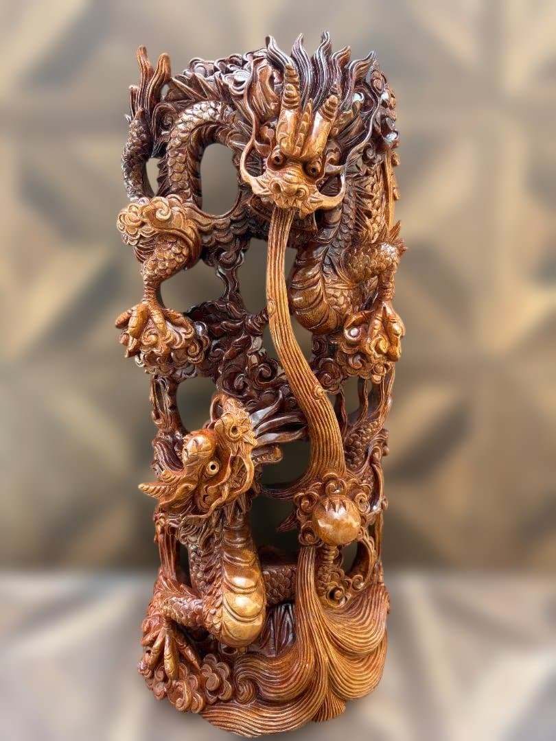 双竜 木彫り 一刀彫 置物 ドラゴン 龍 開運 中国 竜神 01d144 - メルカリ