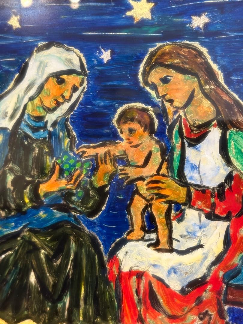 田中忠雄　作　ガラス絵　キリスト教美術　幼な子をかこむマリアとアンナ