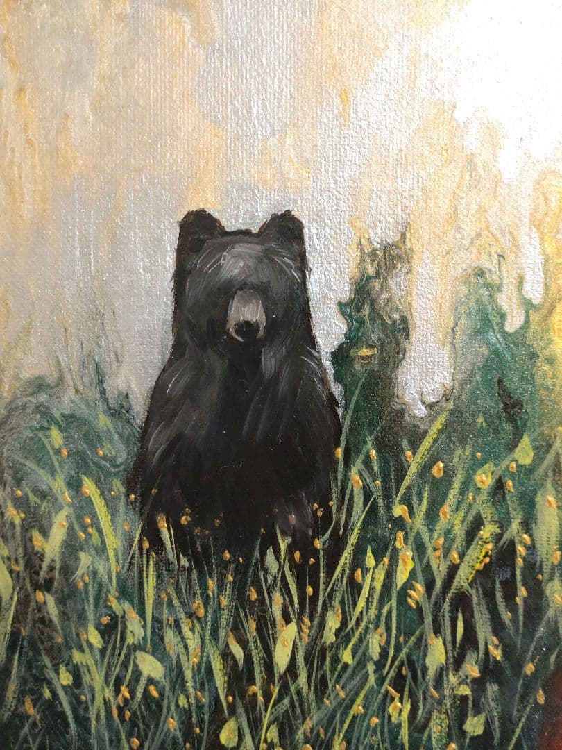 クマの油絵【タイトル:或日の熊】1点物の原画◆作者サイン入り◆F4号キャンバス