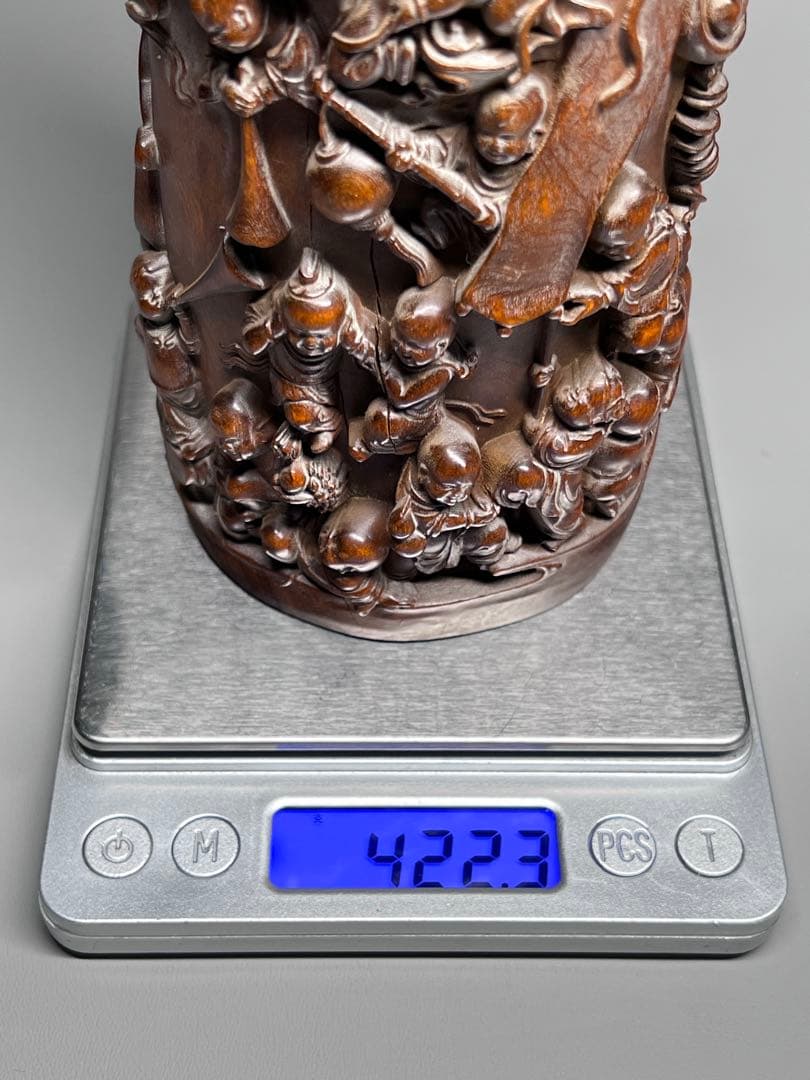 古美術 黄楊木 拓植 筆筒 筆立て 百子図 高浮彫 文房具 木製 置物 希少