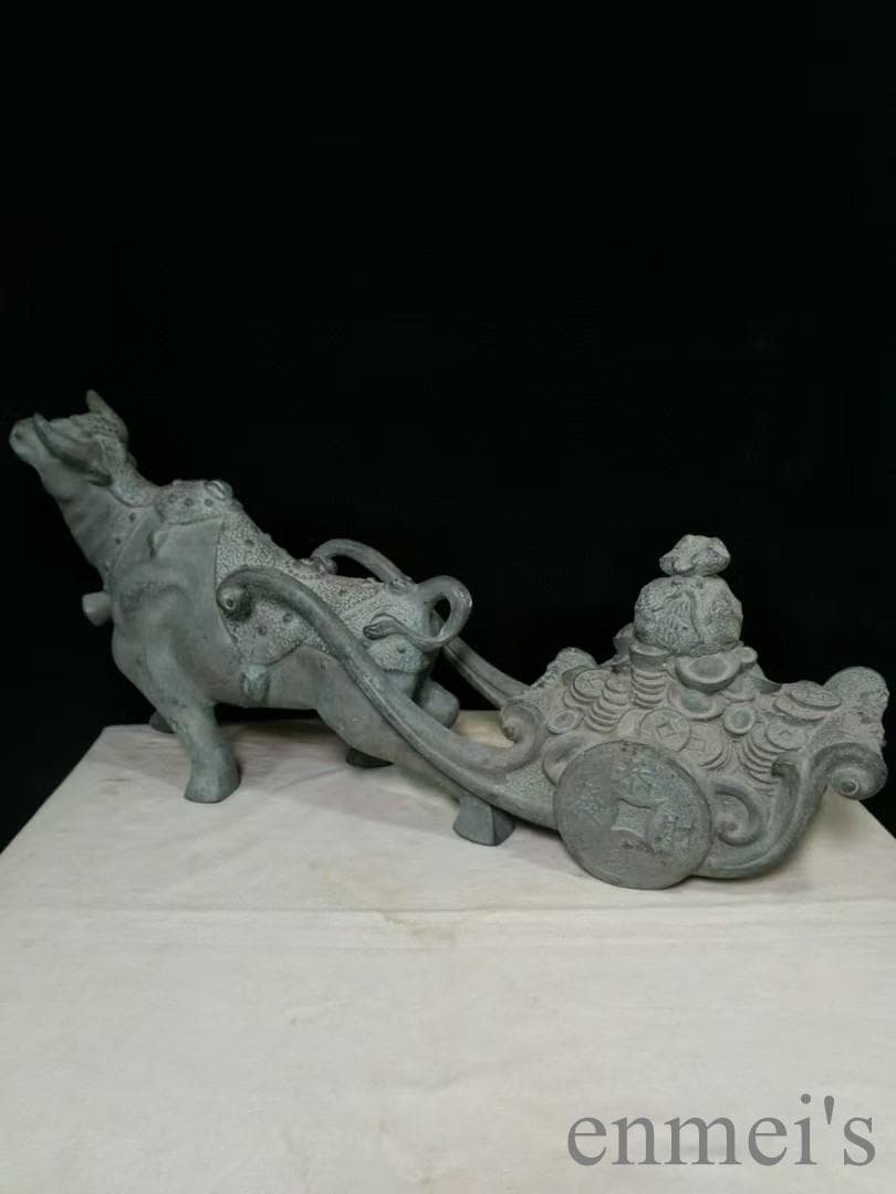 中国古美術 銅製 風水置物 牛拉元宝 開運 招財 五行財神 風水銅器 吉祥置物