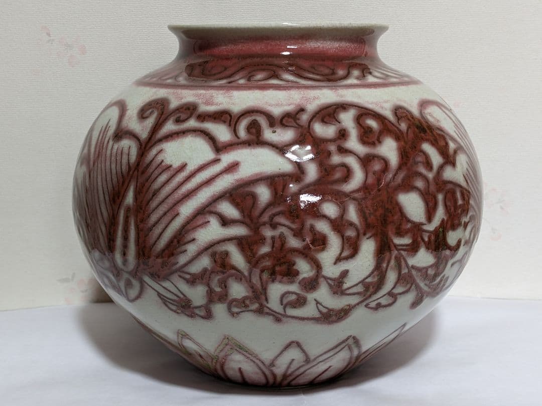 ♢京焼 陶芸家 藤平正文作 辰砂 唐物写し紋様 丸壺 置物