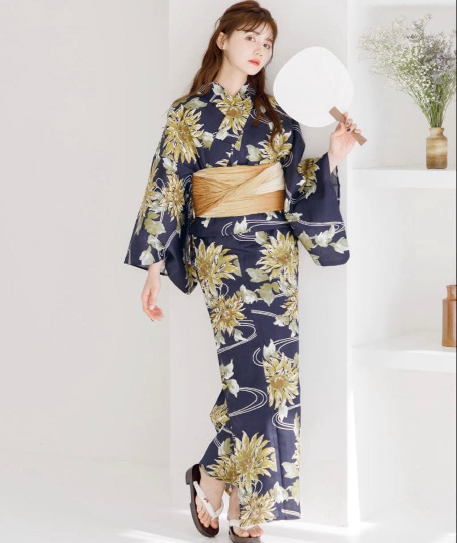 5点セット(浴衣・しわ兵児帯・下駄・着付け本・腰ひも)夏色の向日葵しらべ(藍)