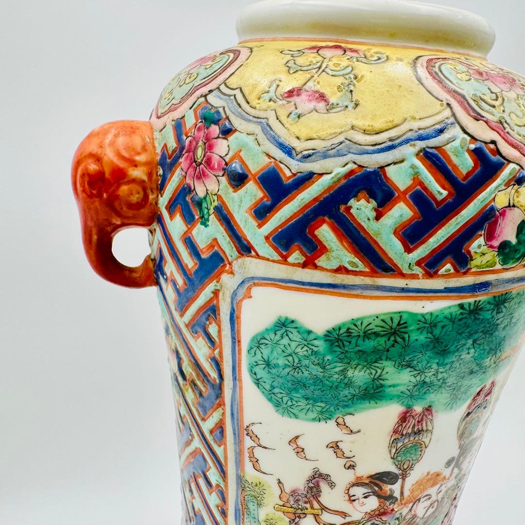 中国 大清嘉慶年製 粉彩唐美人図象耳花瓶】骨董 アンティーク