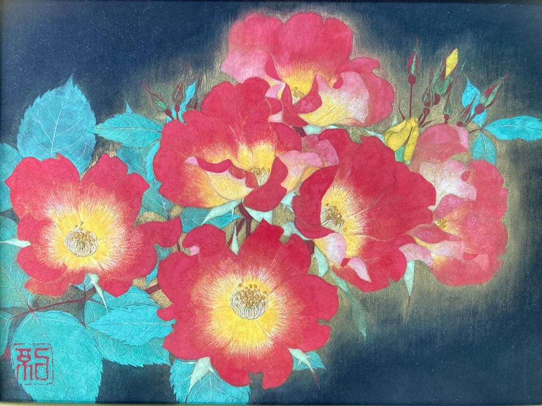 【真作保証】杉山紀美子「薔薇」日本画 印章 共シール有り 絵画