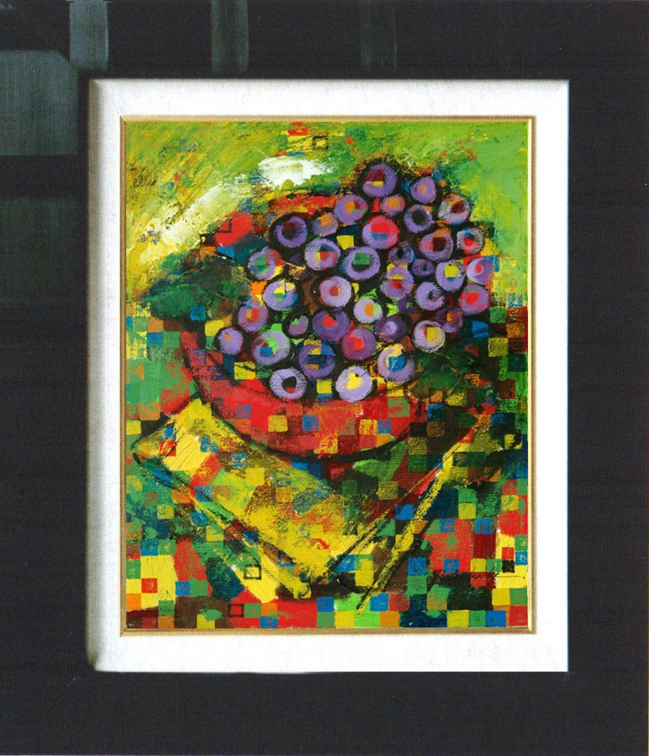 油絵 菅家令子絵 絵画インテリア額付(青緑＋金色の枠)uF6-063004ぶどう