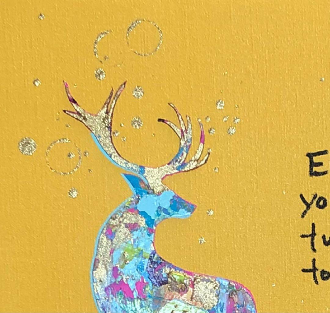 絵画　油絵　原画　一点物　鹿　イエロー　英字　ポップ　アート　プレゼント　F4