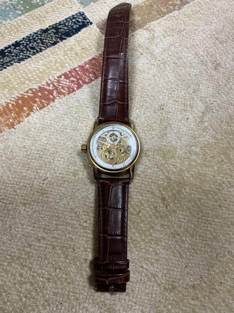 自動巻き 腕時計 スケルトン ゴールドケース レザーベルト 稼働品 現状品